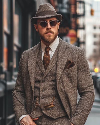 Brown Tweed Double Breasted Vintage Suit